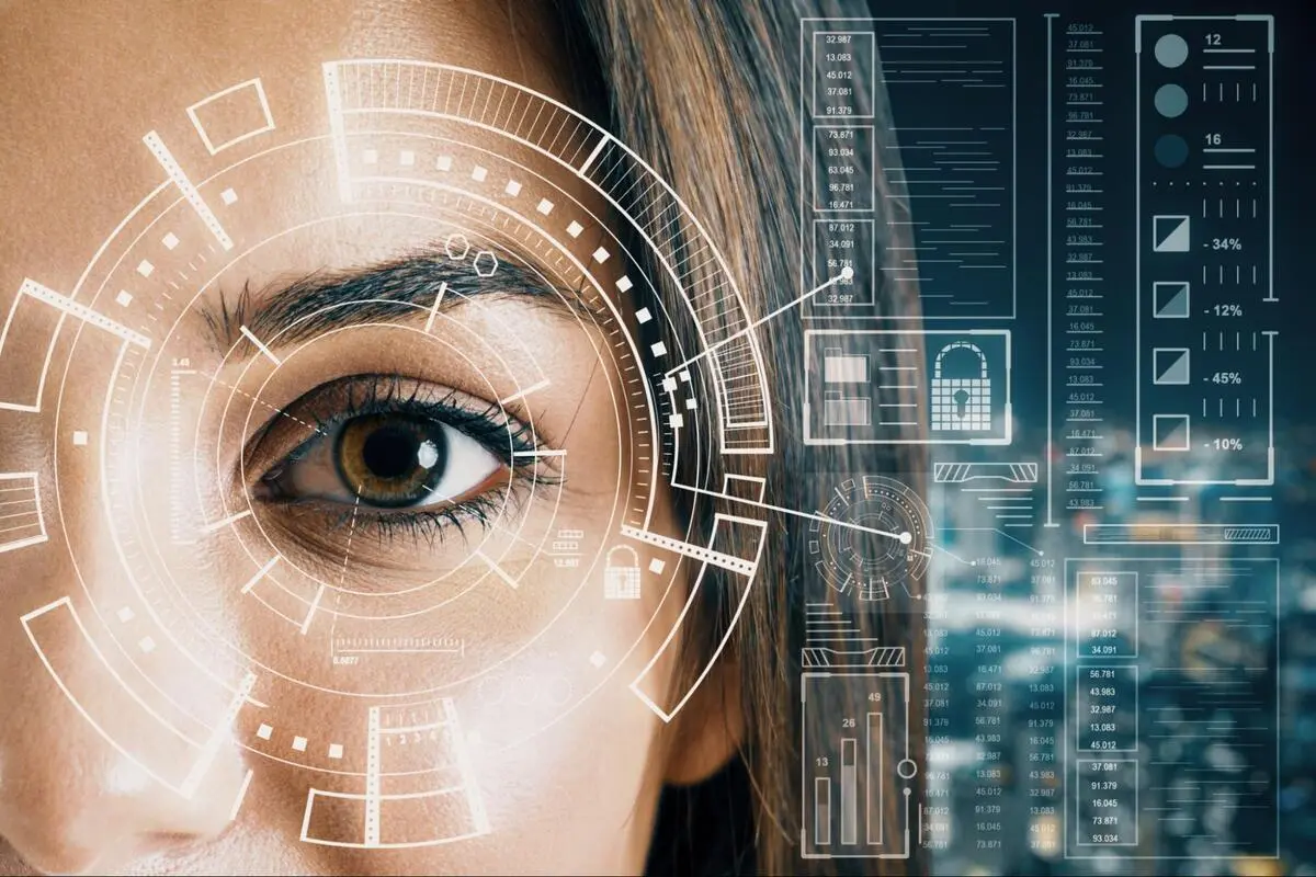 Retina Biometric Scanning for Building Access Control Close-up of a woman's eye with biometric scanning overlay representing retina recognition in an access control system
