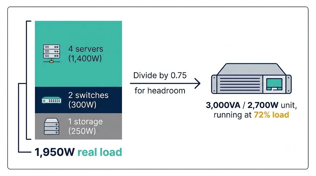 Worked example sizing a 1,950W server room to a 3,000VA UPS