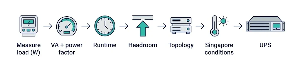 Six-step UPS sizing workflow from measuring load to commissioning