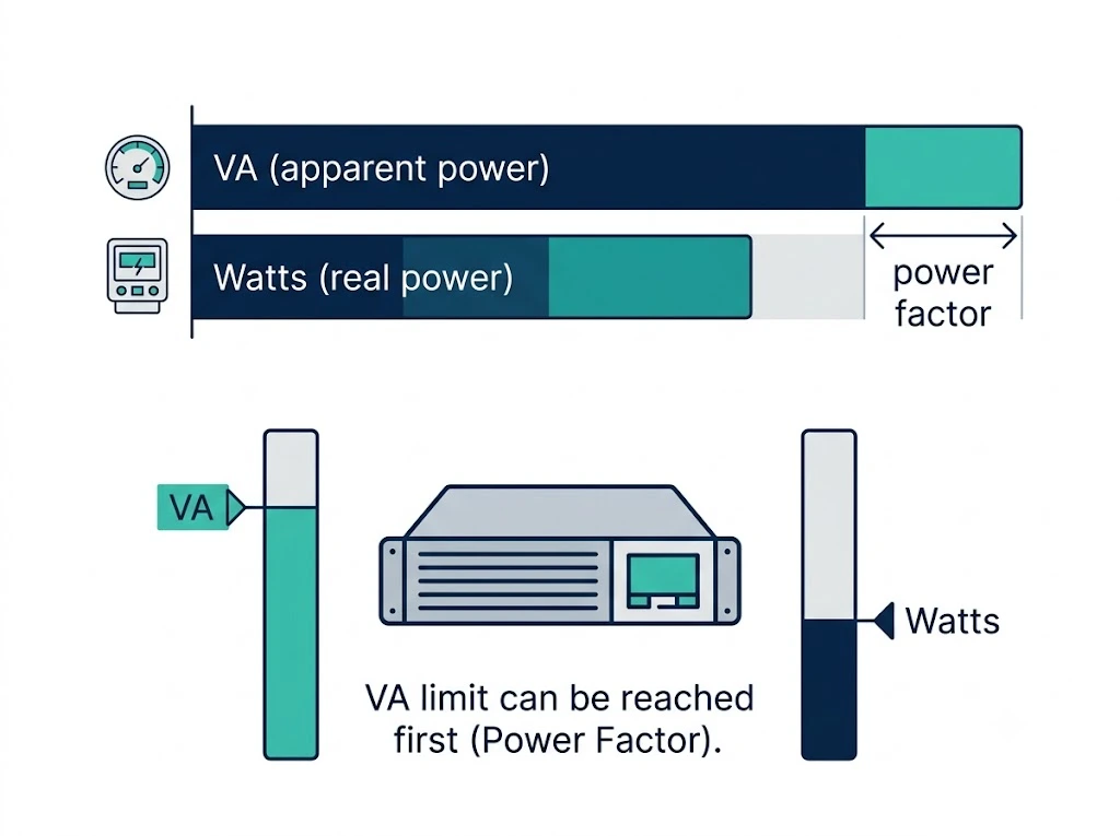 Diagram showing VA versus watts and power factor on a UPS rating